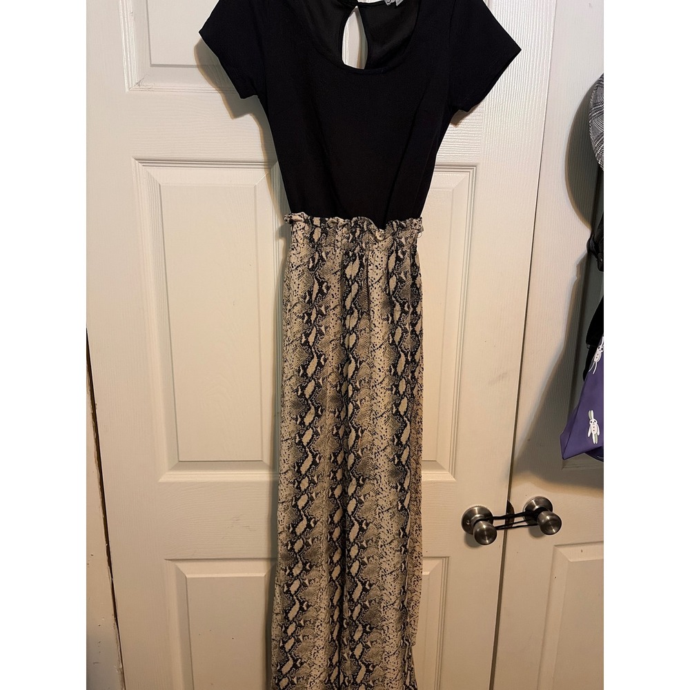 J for Justify Womens Snakeskin Print Paperbag Waist Maxi Dress Black Small